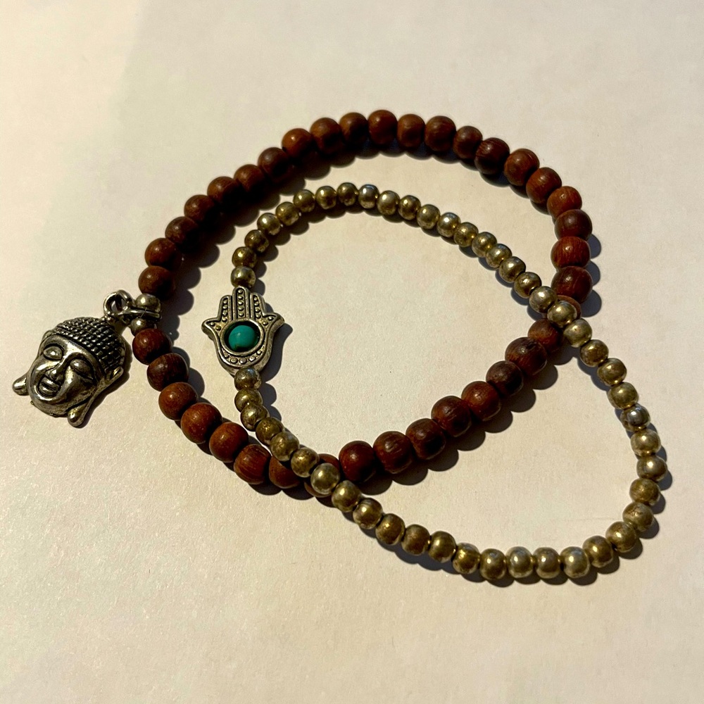 Buddha & Hamsa charm, wood & brass bead bracelets